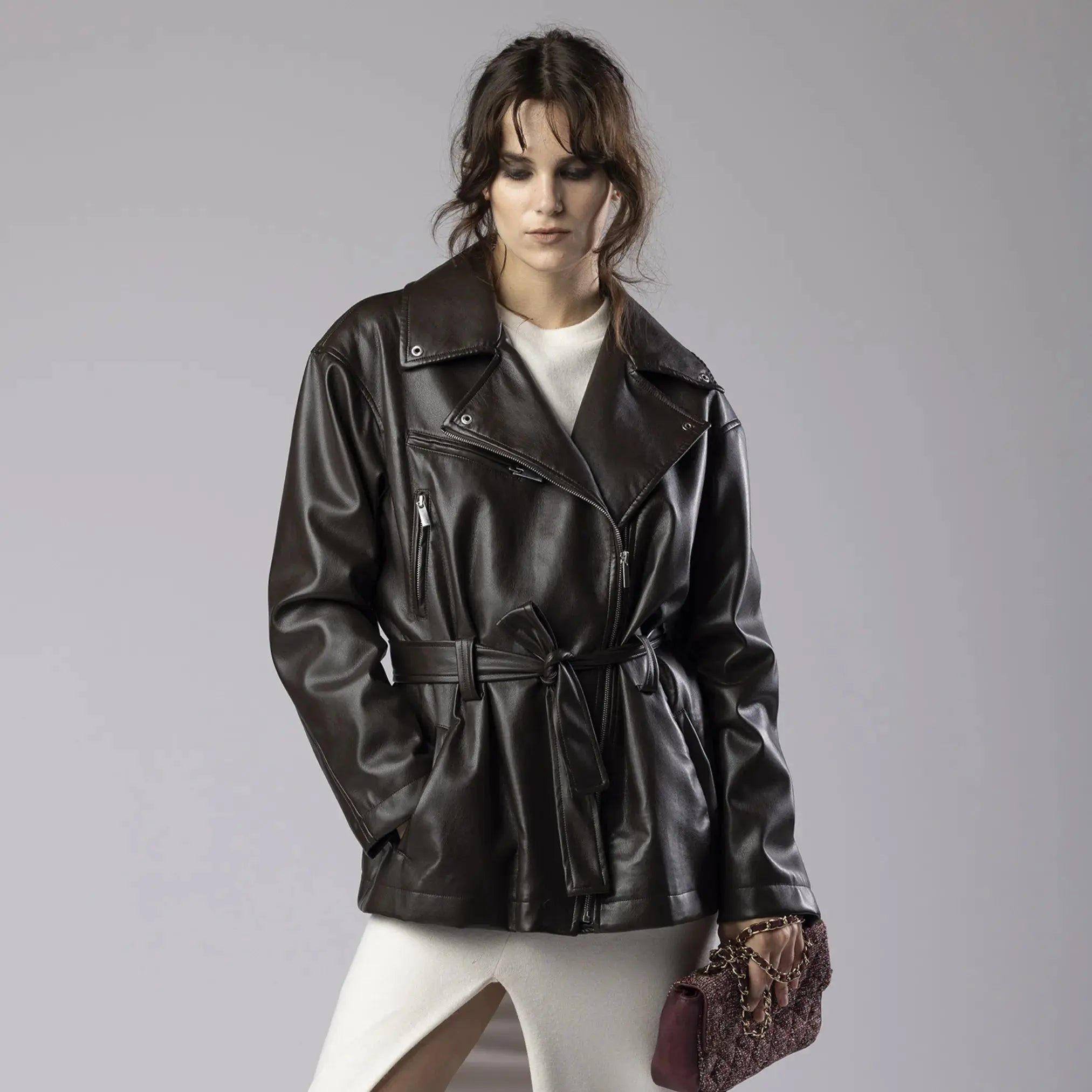 Veste en Simili Cuir Noire avec Doublure Logotée Moda di Christine