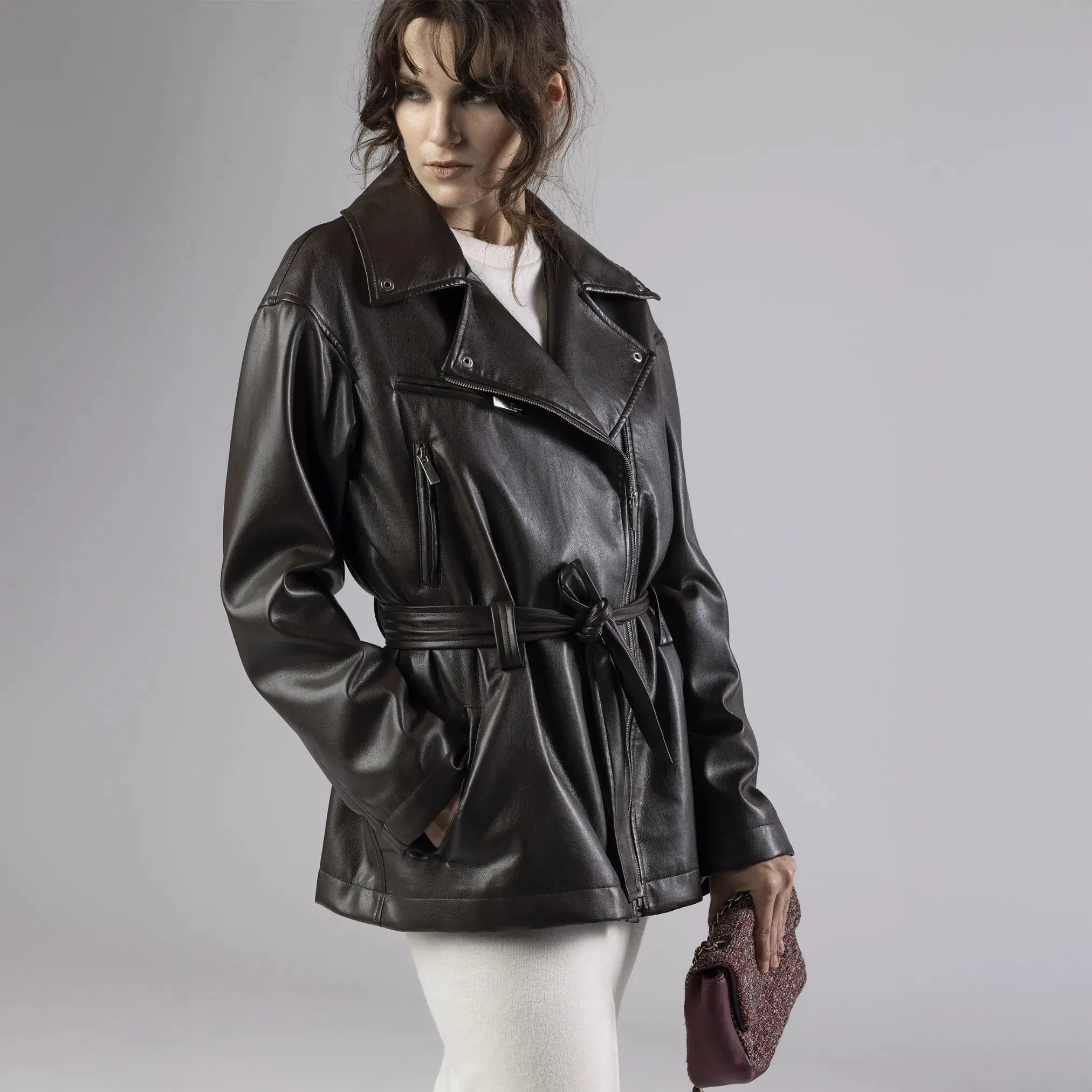 Veste en Simili Cuir Noire avec Doublure Logotée Moda di Christine