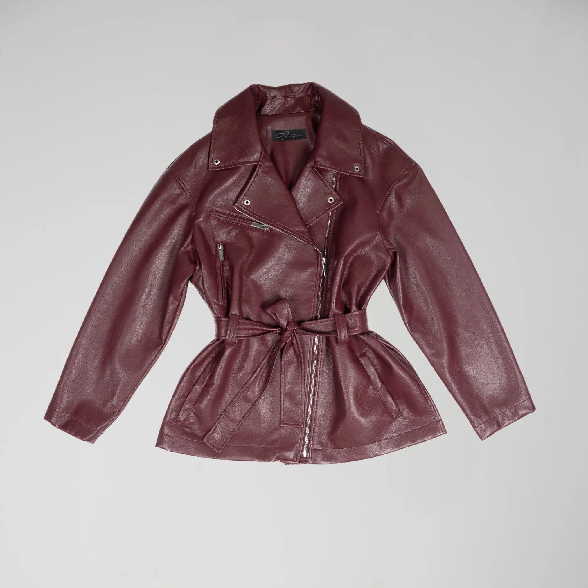 Veste en Simili Cuir Bordeaux avec Détails Métalique et Doublure Logotée Moda di Christine